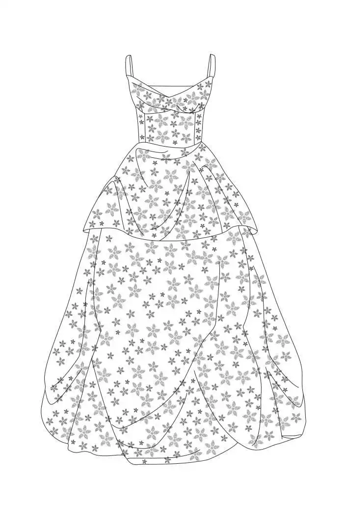 an illustration of a wedding gown with a lot of beads